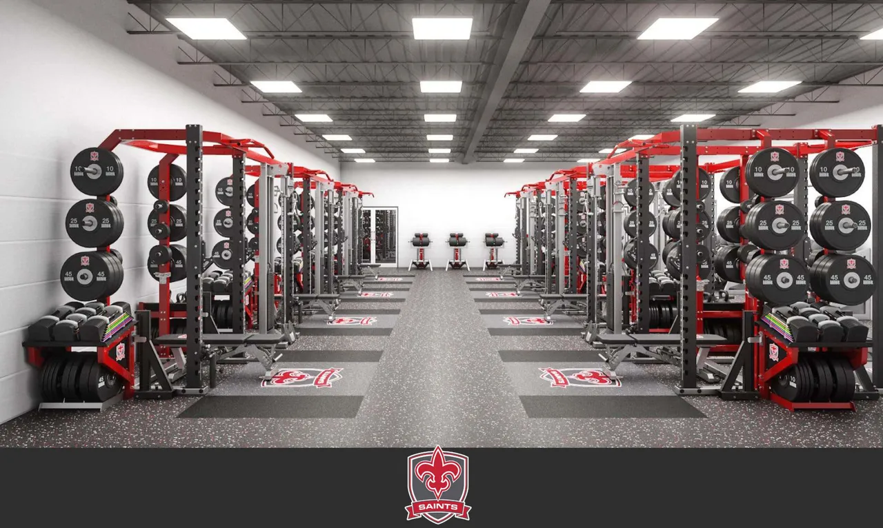Image of a weight room rendering with weight racks and School logos