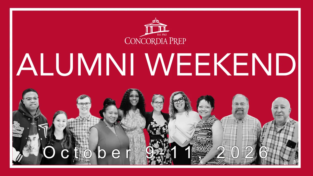 Alumni Weekend 2026: October 9-11, 2026 [text with red background, images of alumni in black and white, and school logo]