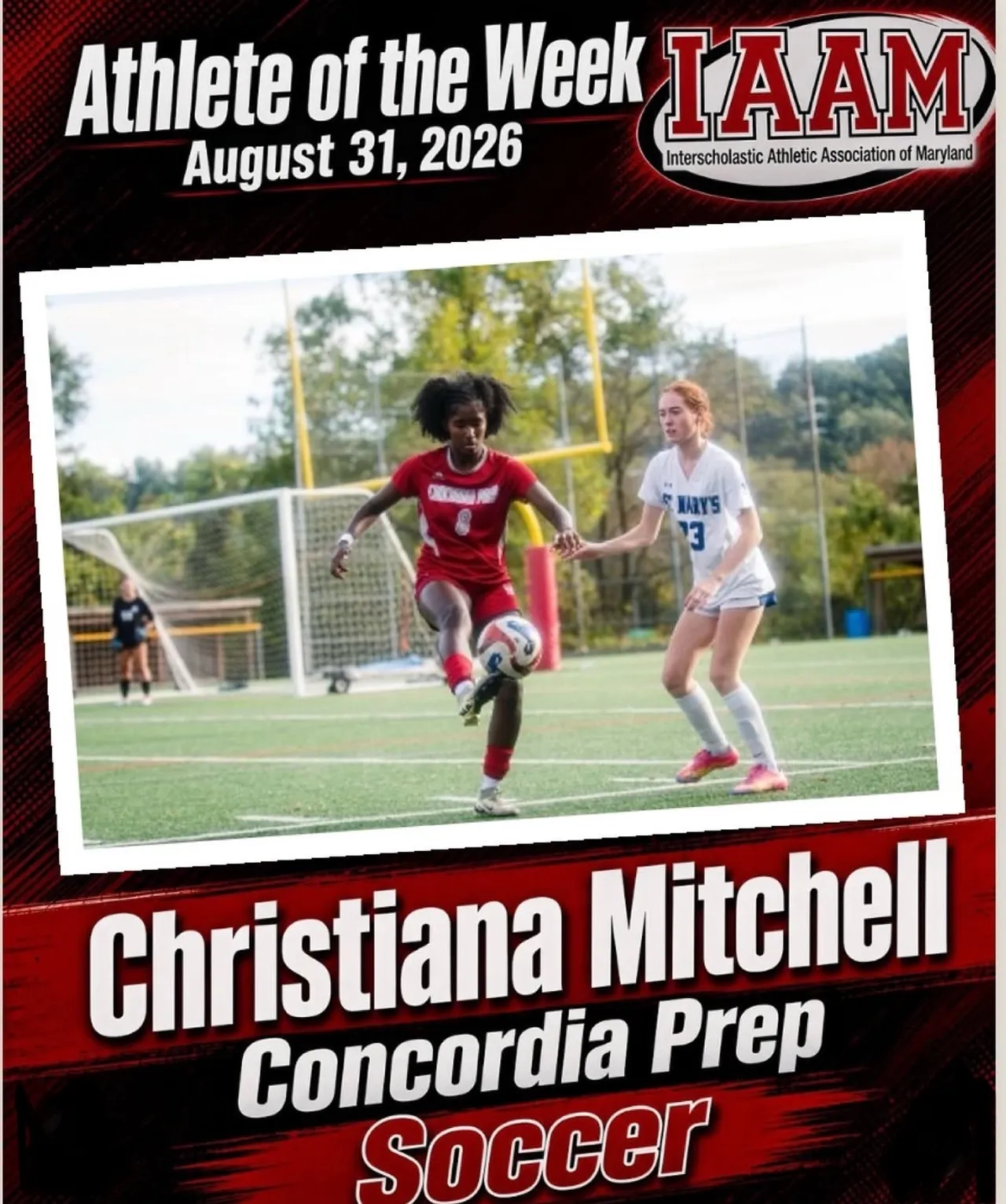 Image with student soccer player as IAAM athlete of the week