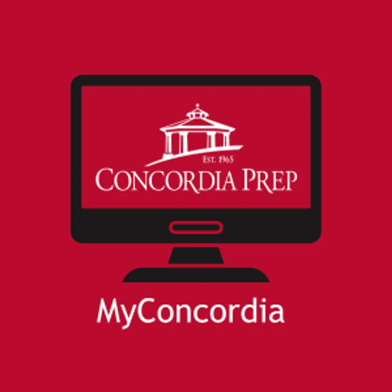 Red background with black computer and School logo on the screen with white text "MyConcordia" below