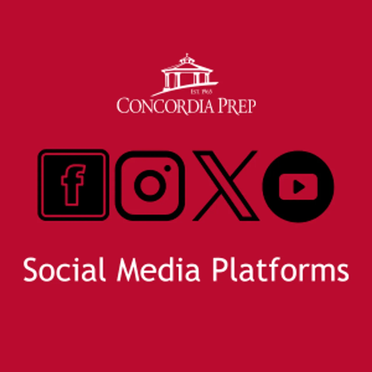 Red background with School logo, social media platform icons, and white text at bottom that says "Social Media Platforms"