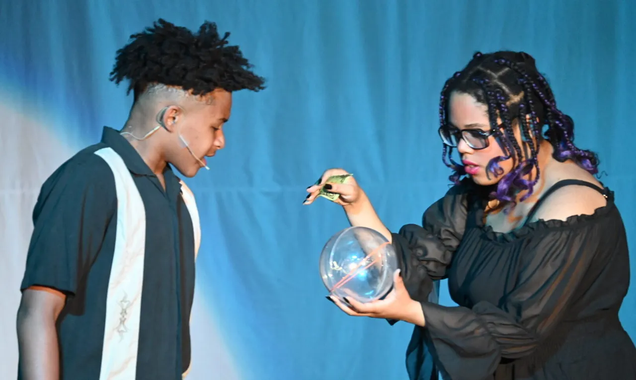 Students acting  in a play with wired mics and costumes