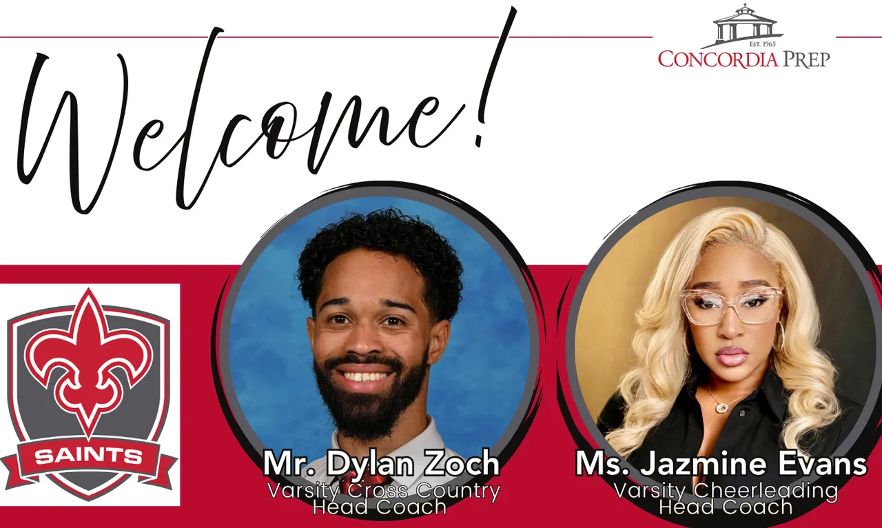Welcome to Head Coaches! Mr. Dylan Zoch, Varsity Cross Country, and Ms. Jazmine Evans, Varsity Cheerleading [image of Coaches Zoch and Evans along with text on red and white background with School logo]