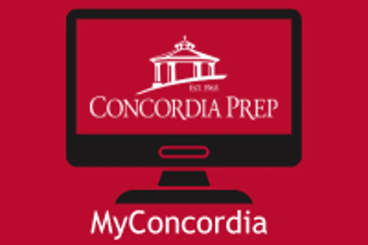 Red background with black computer and School logo on the screen with white text "MyConcordia" below