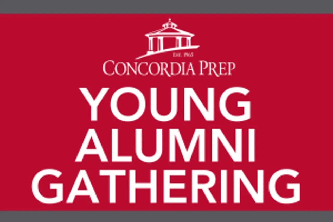 Red background with gray borders and white text "Young Alumni Gathering" and School logo