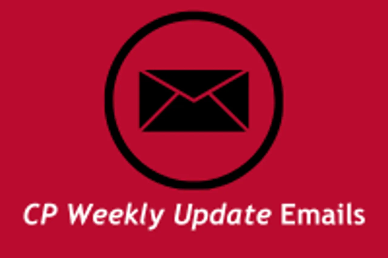 Red background with white text "CP Weekly Update" Emails and black e-letter graphic