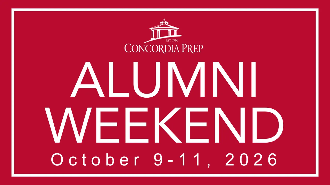 Red background with white border and white text "Alumni Weekend October 9-11. 2026" with School logo in white