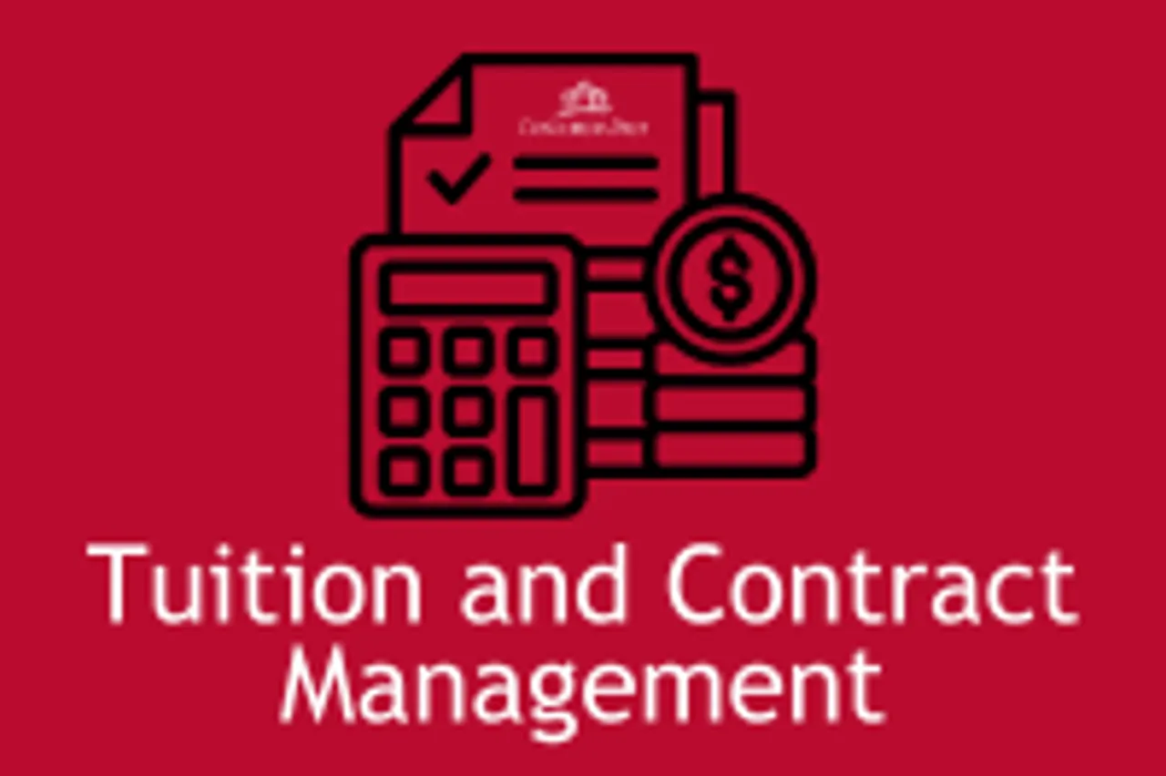 Red background with black graphic of money, calculator, and papers with "tuition and contract management" in white text at the bottom