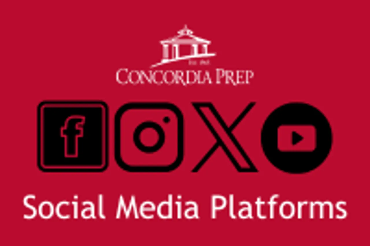 Red background with School logo, social media platform icons, and white text at bottom that says "Social Media Platforms"