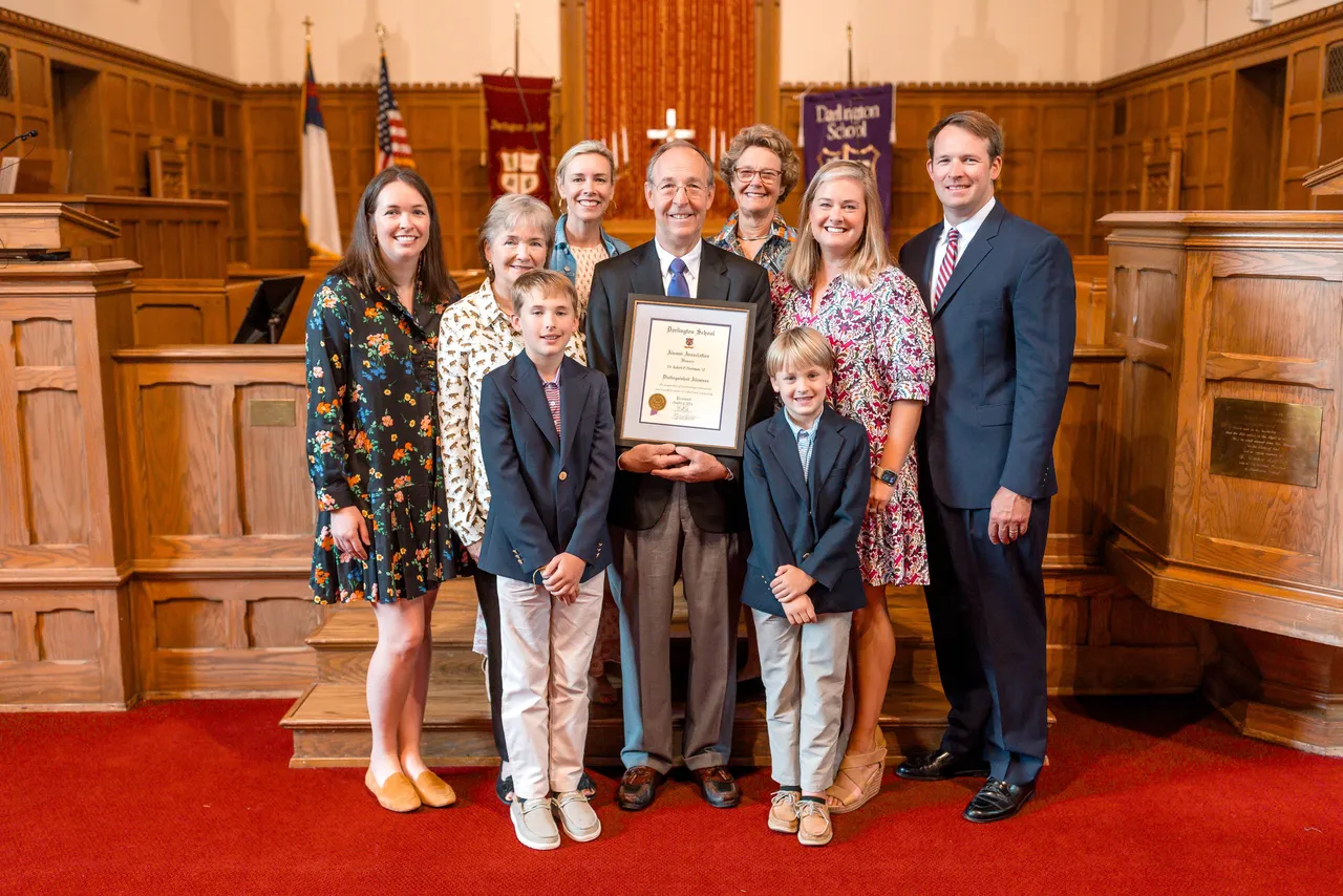 Darlington School Distinguished Alumnus Bob Hortman and his family in Morris Chapel.