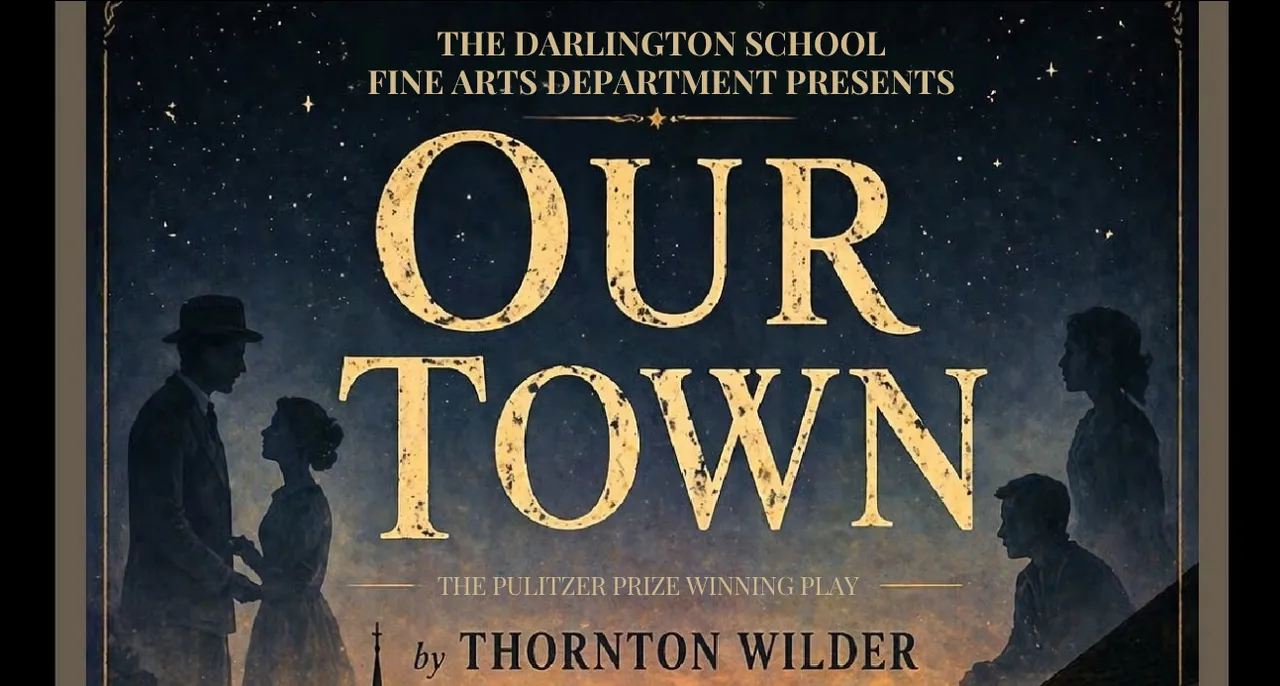 Graphic with the text "The Darlington School Fine Arts Department Presents 'Our Town,' the Pulitzer Prize Winning Play by Thornton Wilder"