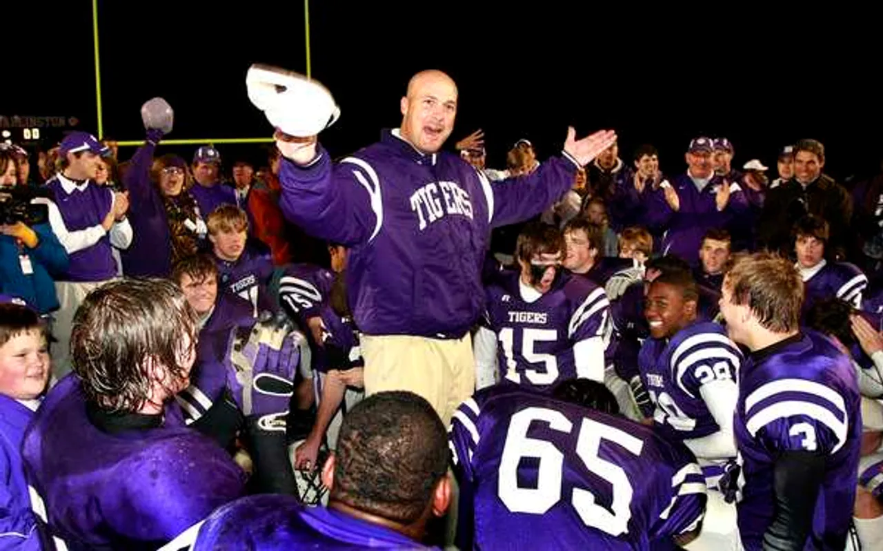 DarTwiggs1; Darlington head coach Tommy Atha talks to his players about how they started the season with 3 losses and now they are going to the semifinals after beating Twiggs County on Friday night. (Ken Caruthers/RN-T.com)