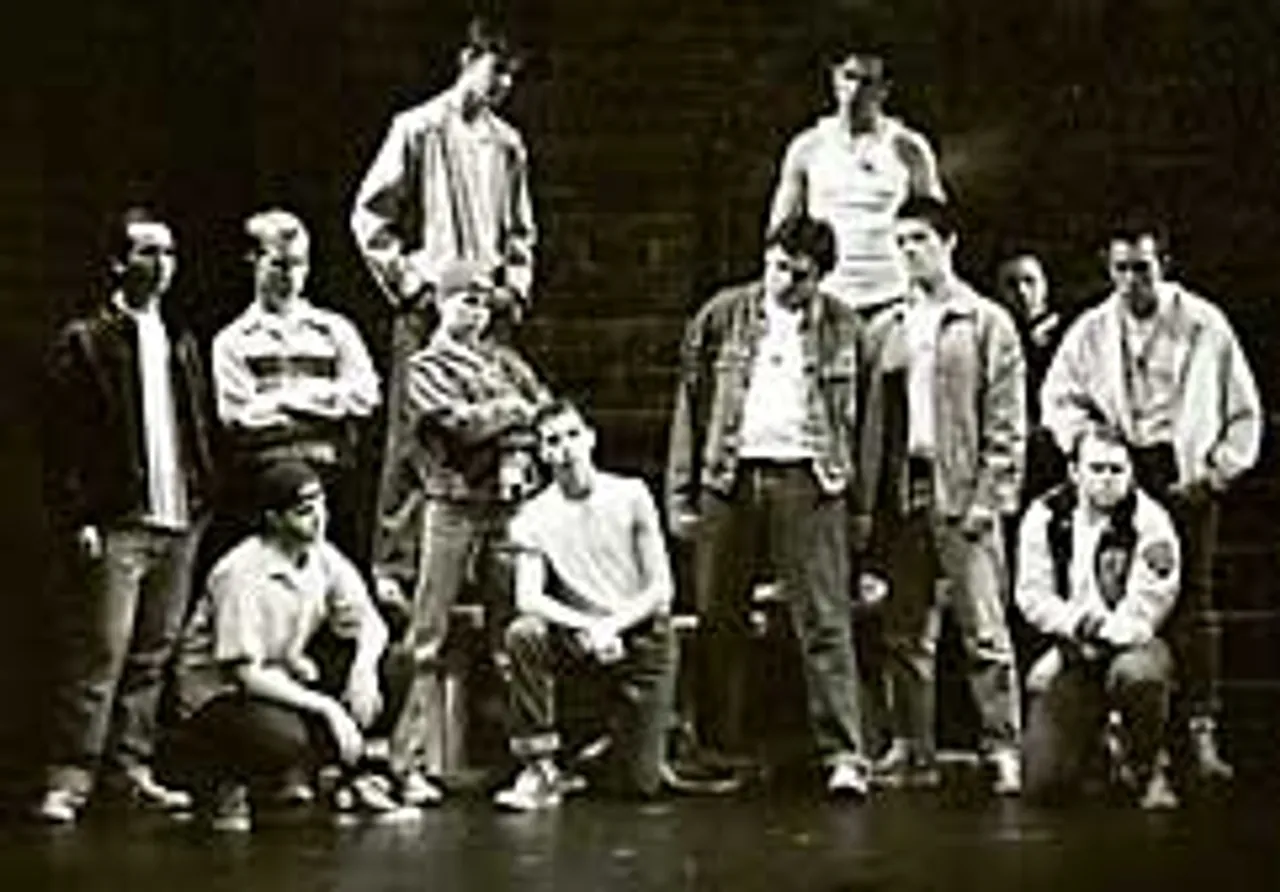 In the opening scene of the Darlington Players' February production of West Side Story, the Jets establish their case. See the <A HREF="https://www.darlingtonschool.org/news/westside/westside.asp"> photo gallery </A> or the links below for more photos.