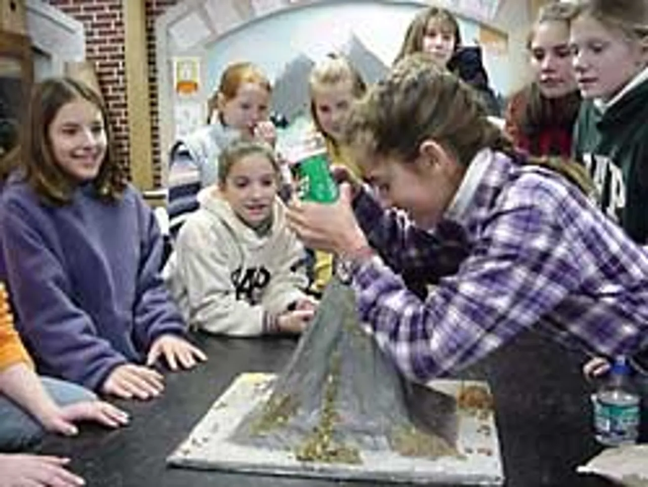 Classmates looks on as a volcano is prepared for an eruption.