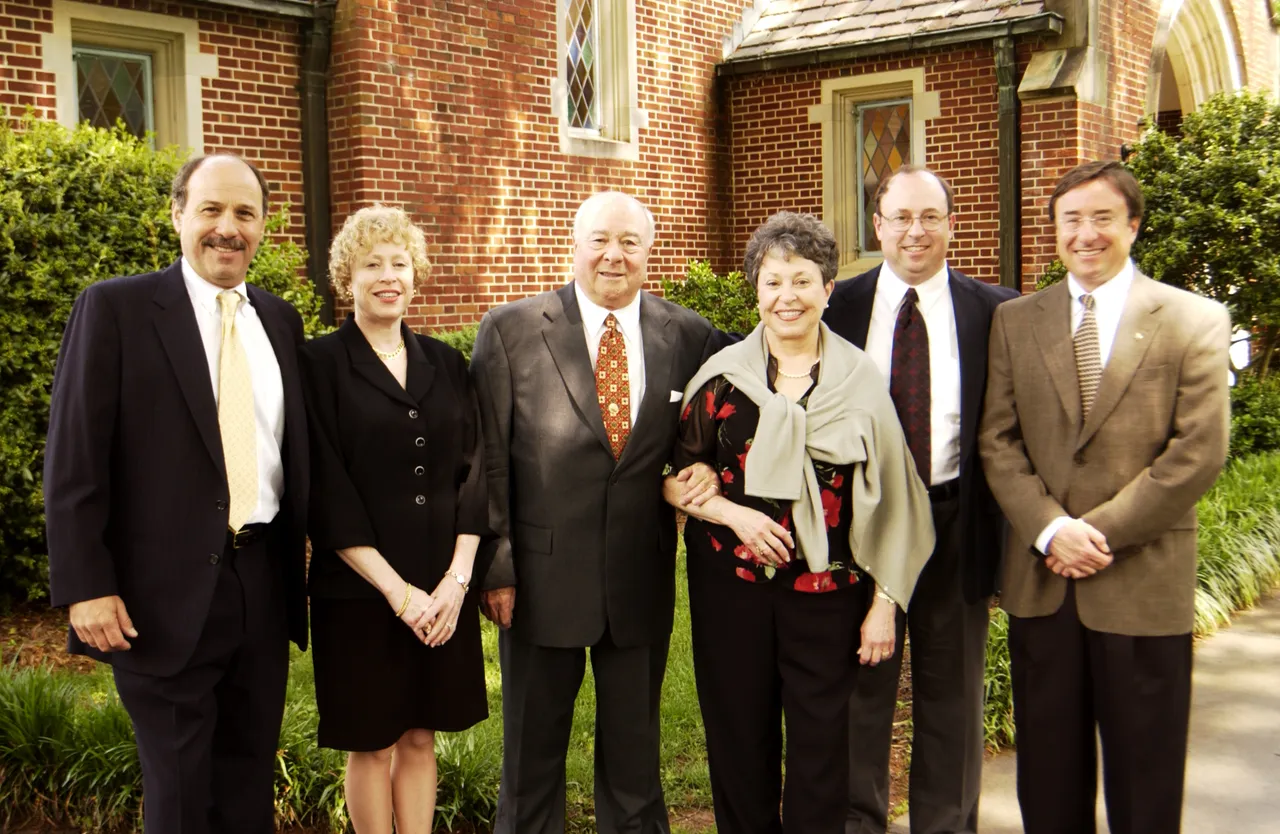 Lyons Heyman's family poses after Darlington Celebration: Scott Harris, husband of Deborah; daughter Deborah Heyman Harris '72T; Lyons J. Heyman '44; wife Jo Marks Heyman; son David M. Heyman '74; and son Lyons J. Heyman Jr. '70.