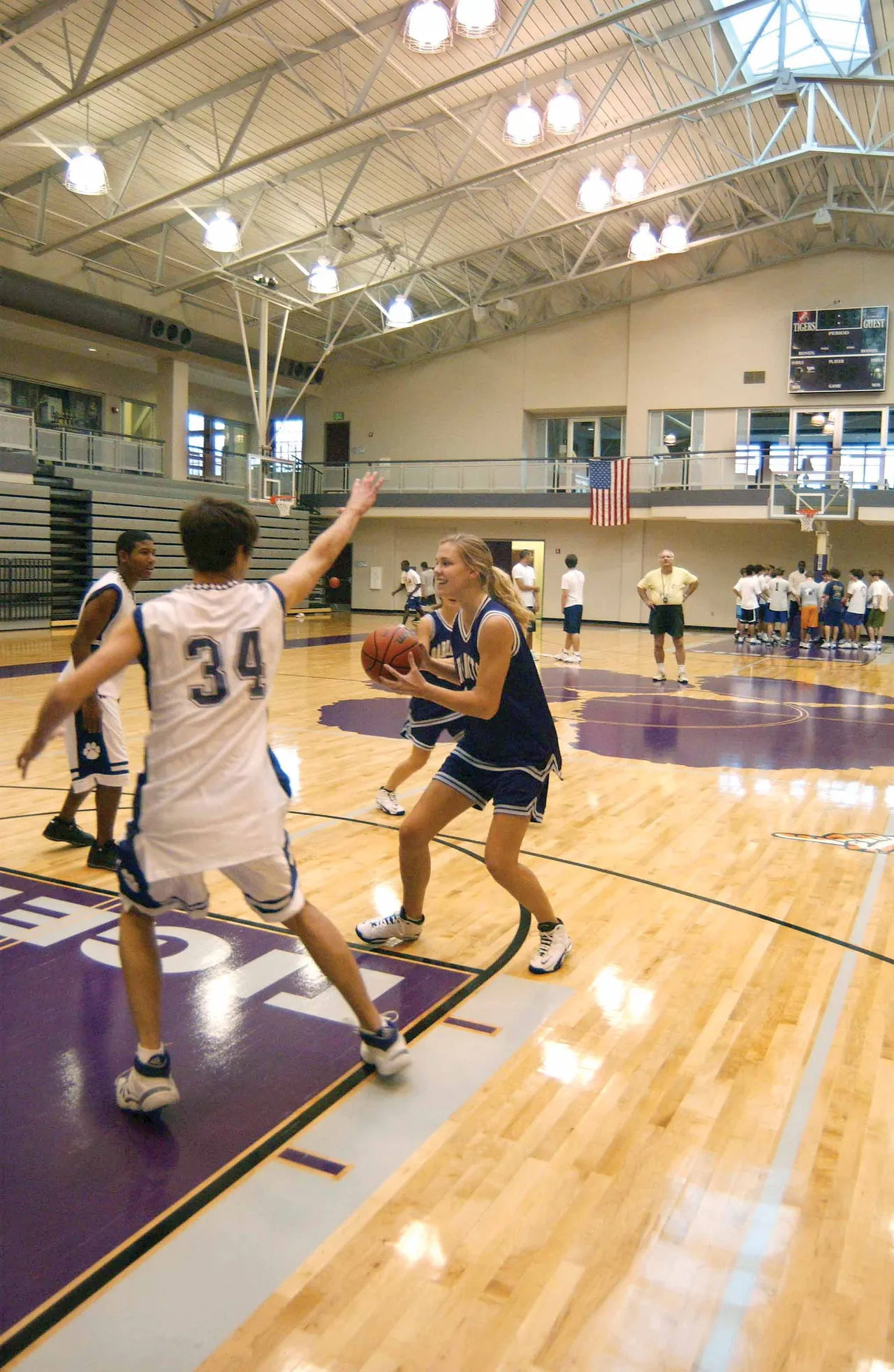 Complete with electronically operated bleachers, six basketball goals, two basketball practice courts, and two competition volleyball courts, the Van Es Arena offers plenty of space to practice and play.