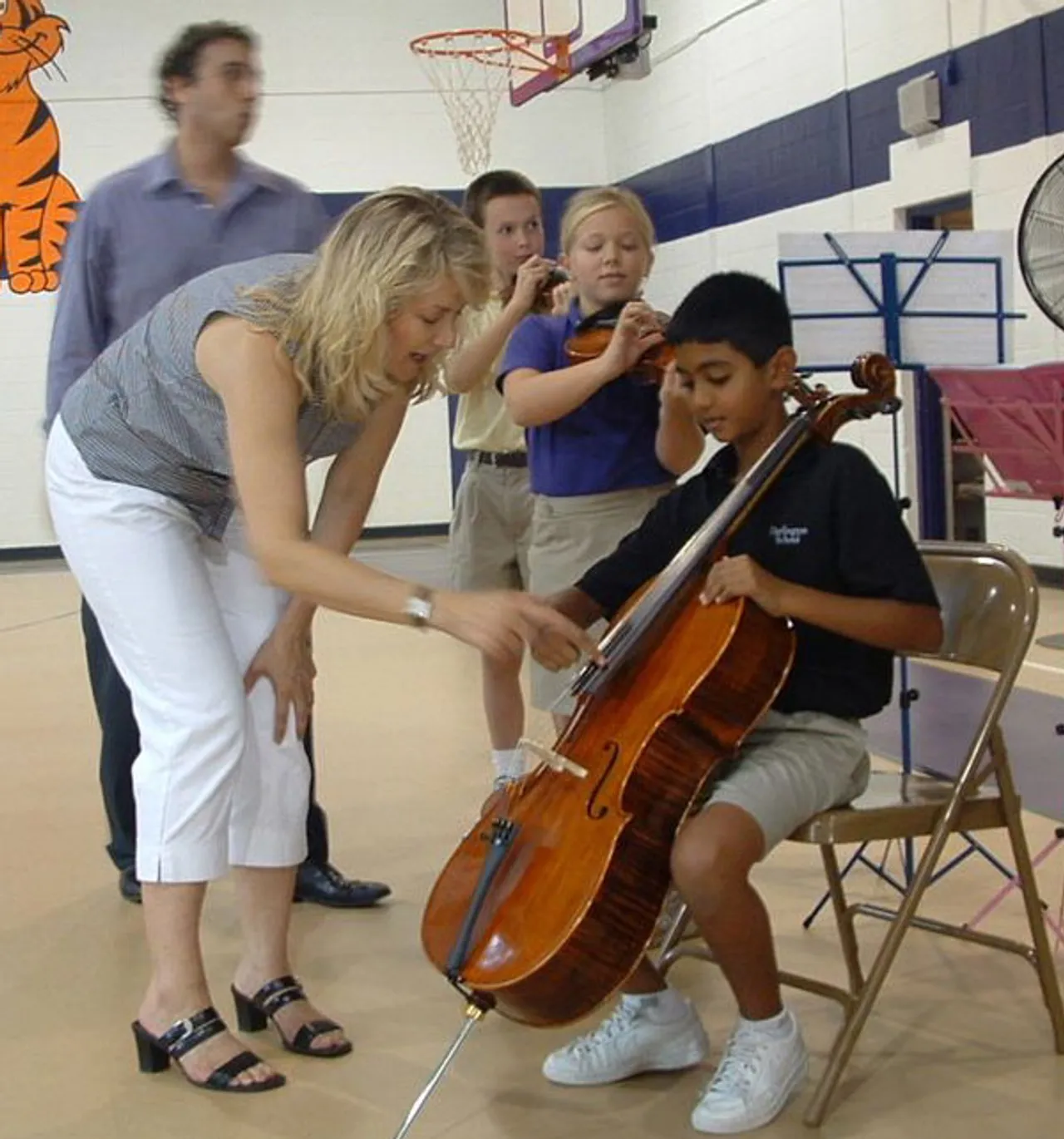 Fifth and sixth grade students learn about the Darlington String Project at an assembly on Aug. 20.