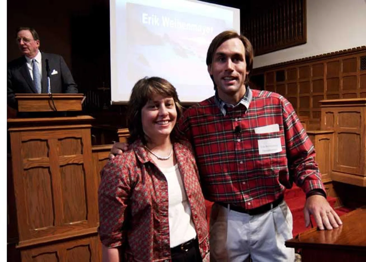 Jennifer Minge '80 visits with Erik Weihenmayer before his talk to the community on Sept. 24. Minge spent eight days last year climbing Mt. Kilimanjaro in Tanzania, the highest point in Africa. This year she climbed Europe's highest mountain, Mt. Elbrus, in Russia's Caucus Mountain Range. She is currently planning her next summit, with the ultimate goal of climbing all of the world's seven summits, following in the footsteps of Erik Weihenmayer.