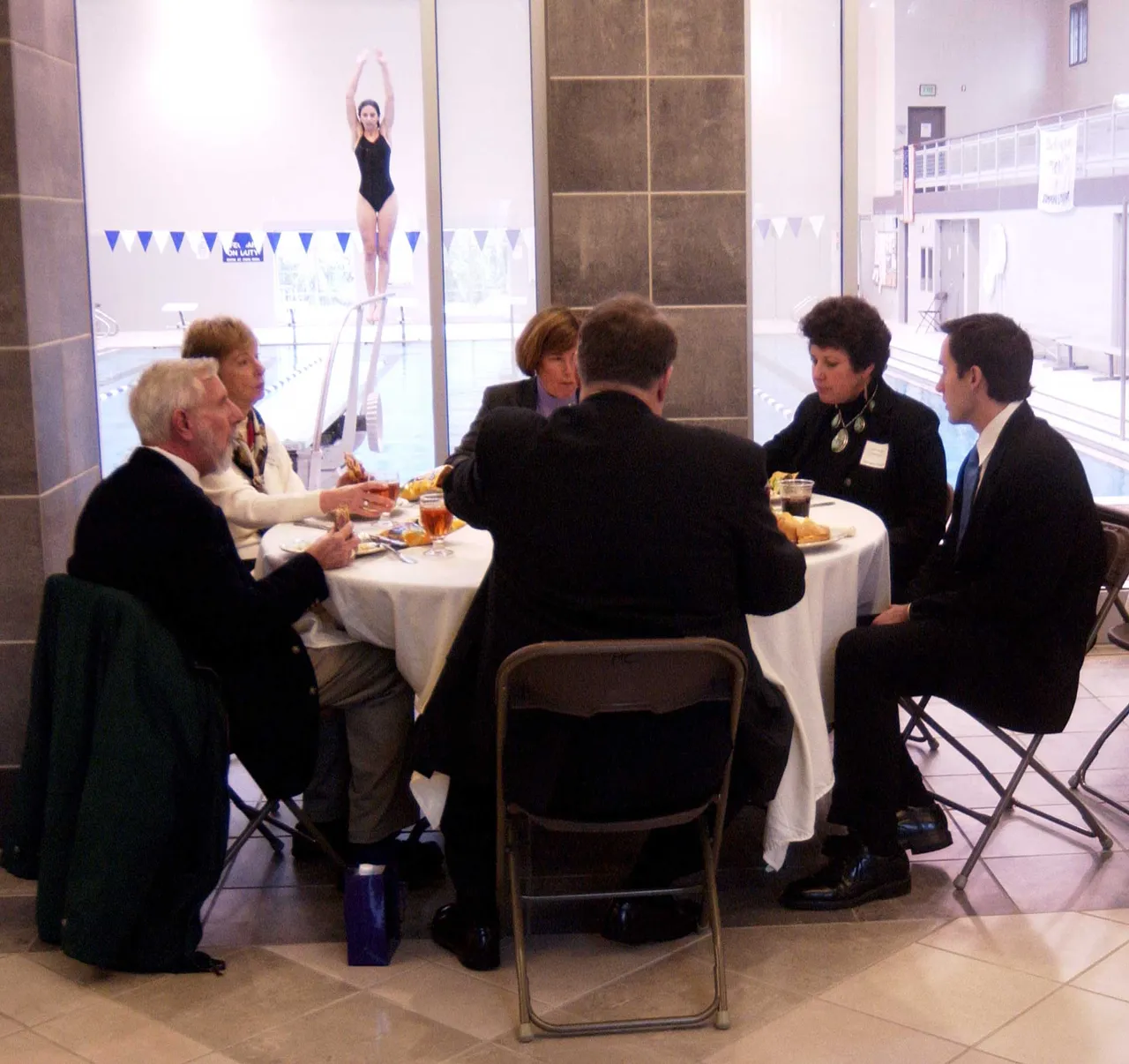 Career Day speakers and guests enjoy lunch in the Huffman Memorial Athletic Center following.