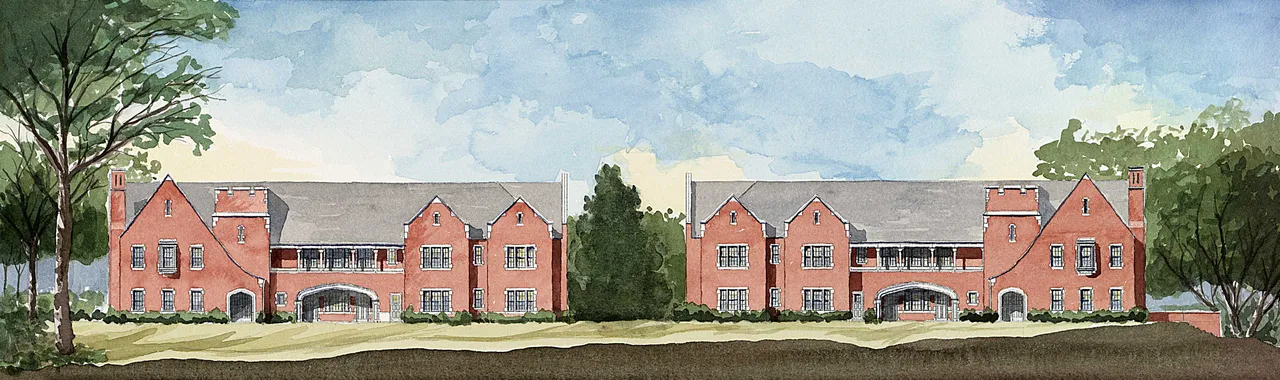 This artist's rendering depicts the elevation of the new girls' houses. Note the Tudor influence on the flattened arches, crenellations, stonework, balanced asymmetry, and broad porticos topped by balconies.