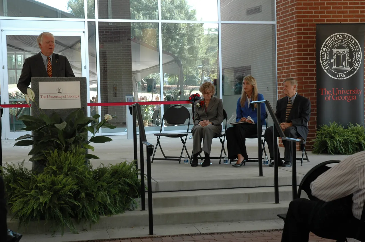 UGA President Michael Adams addresses the crowd during the dedication ceremony.
