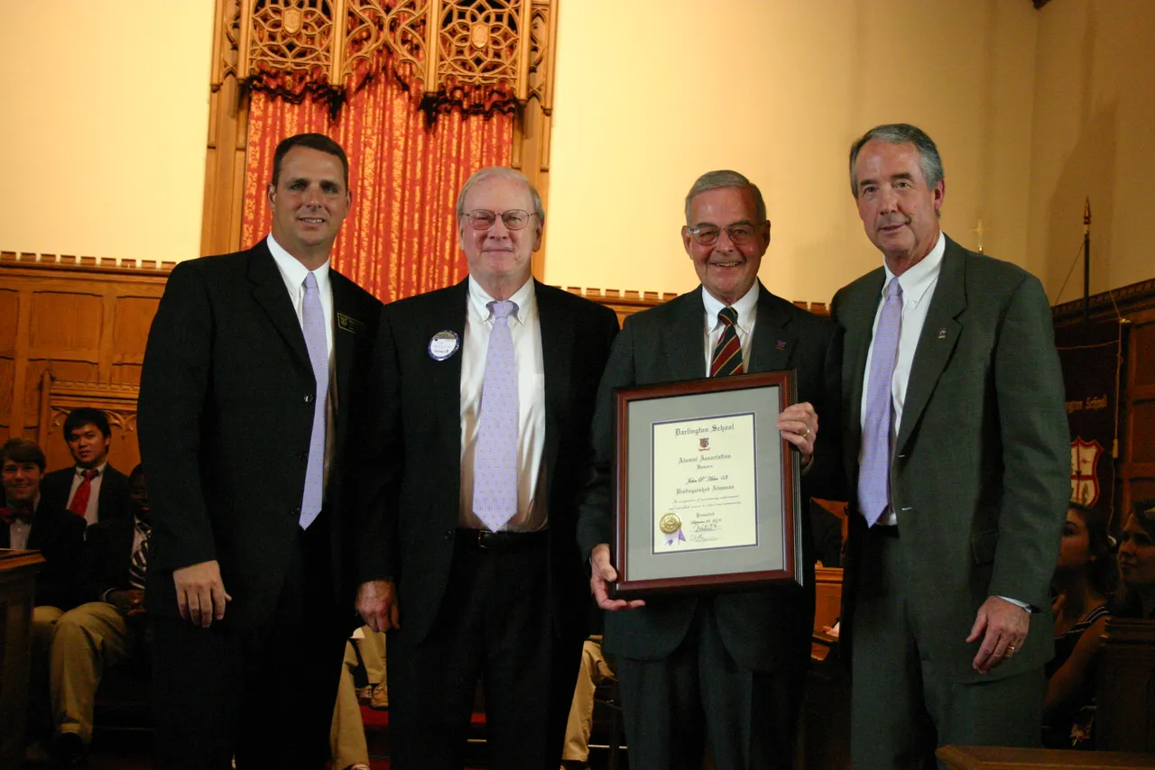 Tim Morgan ('87), president of the Alumni Council; Jim McCallie, past president of Darlington School; Distinguished Alumnus John Hine (’53); and Headmaster Tom Whitworth