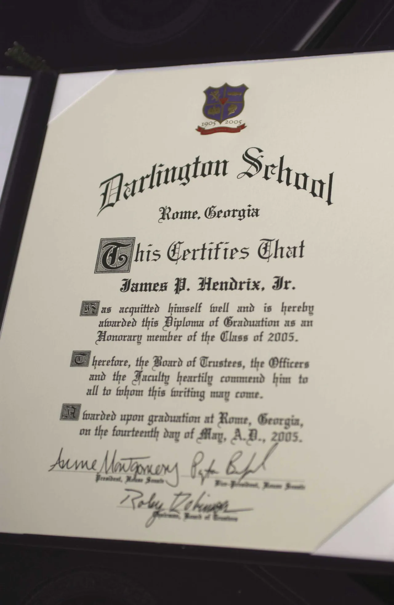 President Jim Hendrix's honorary diploma