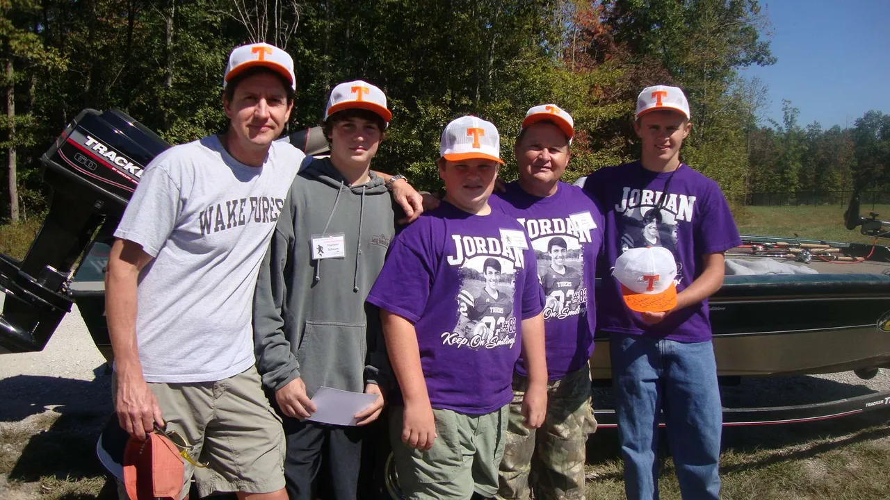 Forrest and Franklin Schrum ('13) with Winston ('16), Wright ('13) and Wayne Gammon, all wearing their Bill Dance-autographed Tennessee caps.