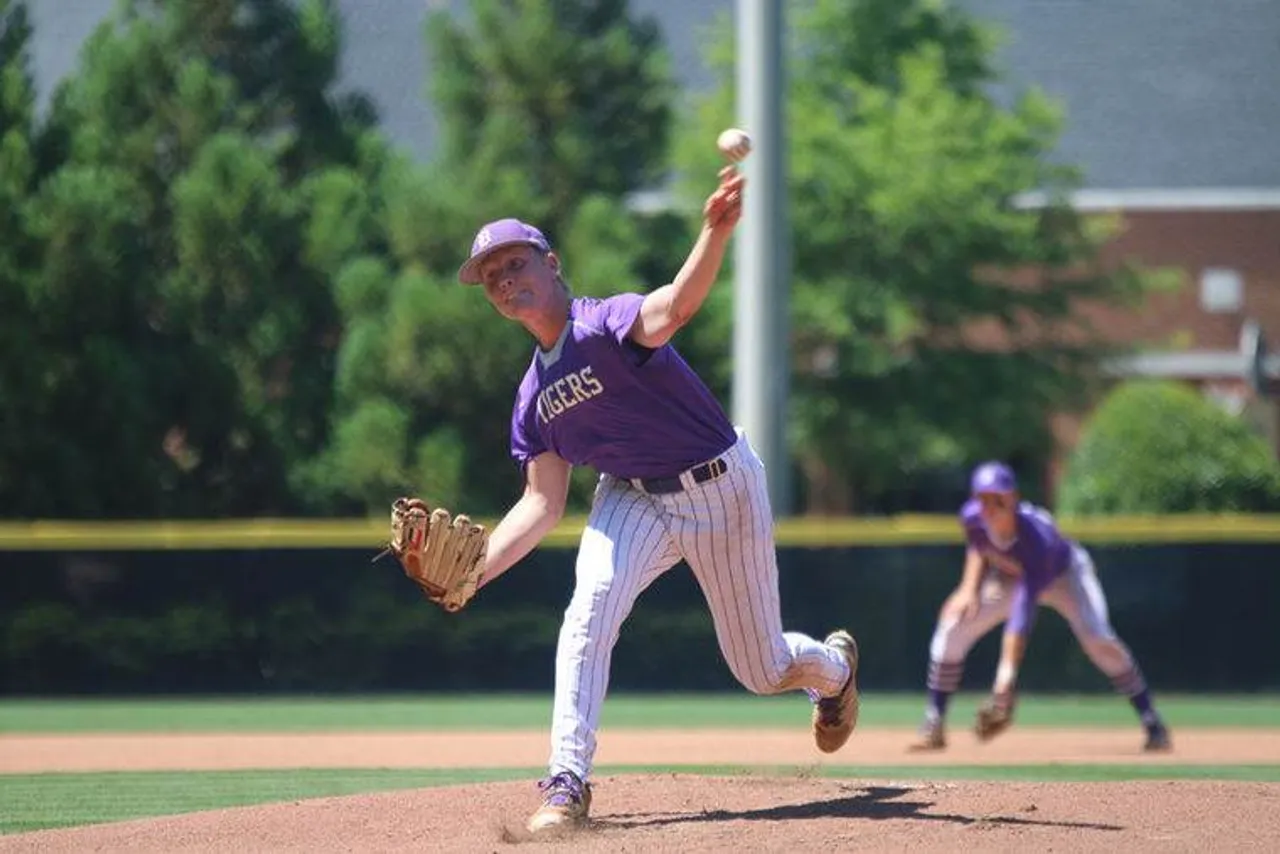 Junior Jay Shadday delivers a pitch during the Tigers’ 6-4 loss to Wesleyan on Saturday in Game 1 of the Class AA baseball finals. (Photo credit: Tyler Greenawalt / RN-T.com)
