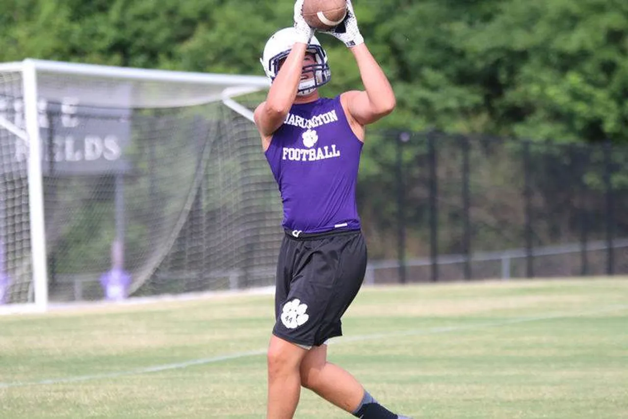 Rising sophomore Jacob Hunt pulls in a pass during the Tigers’ 7-on-7 camp. (Photo credit: Tyler Greenawalt / Rome News-Tribune)