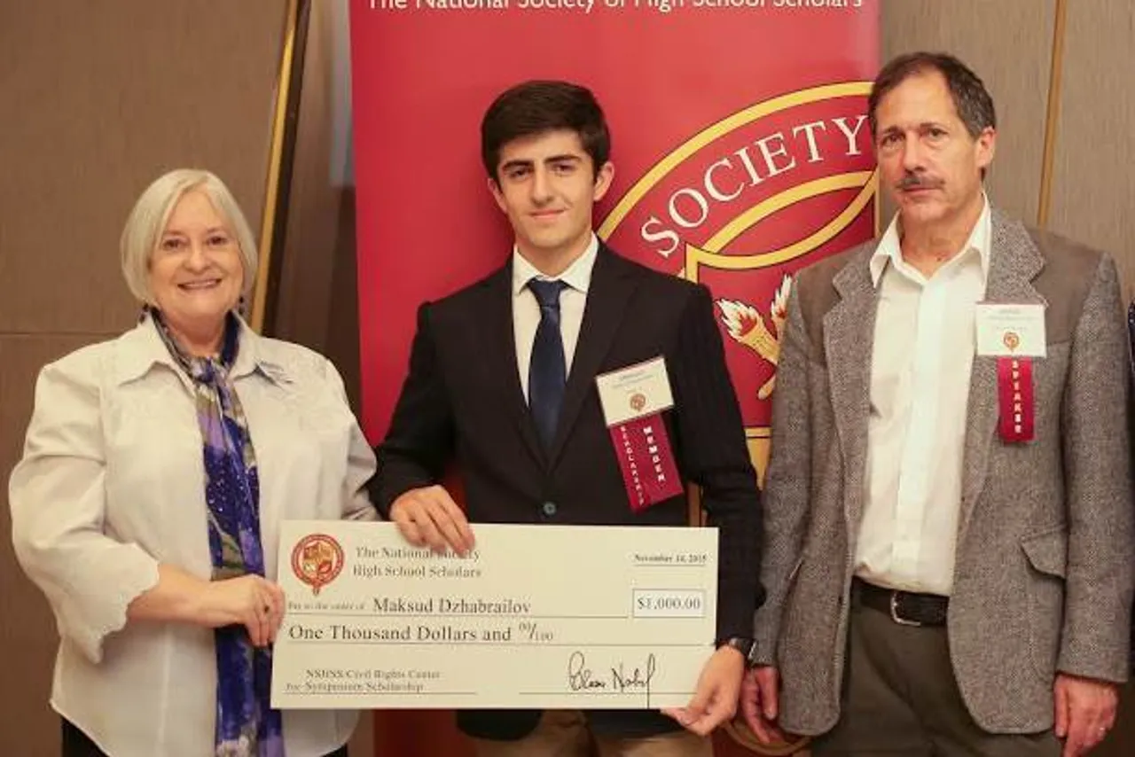 Left to right: NSHSS Foundation Executive Director Dr. Susan Thurman, Maksud Dzhabrailov ('17), and Stockholm University professor Merrick Tabor (Credit: NSHSS)