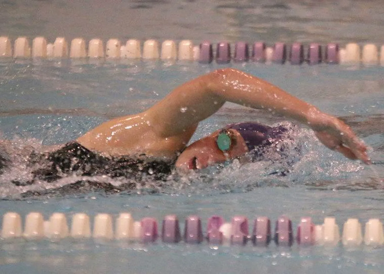 Freshman Jane Tullis competes in the girls' 500-yard freestyle during a meet against Northwest Whitfield on Thursday, Jan. 7, 2016, at Darlington. Tullis set a new personal record with a first-place time of 6:07.25. (Jeremy Stewart/RN-T.com)