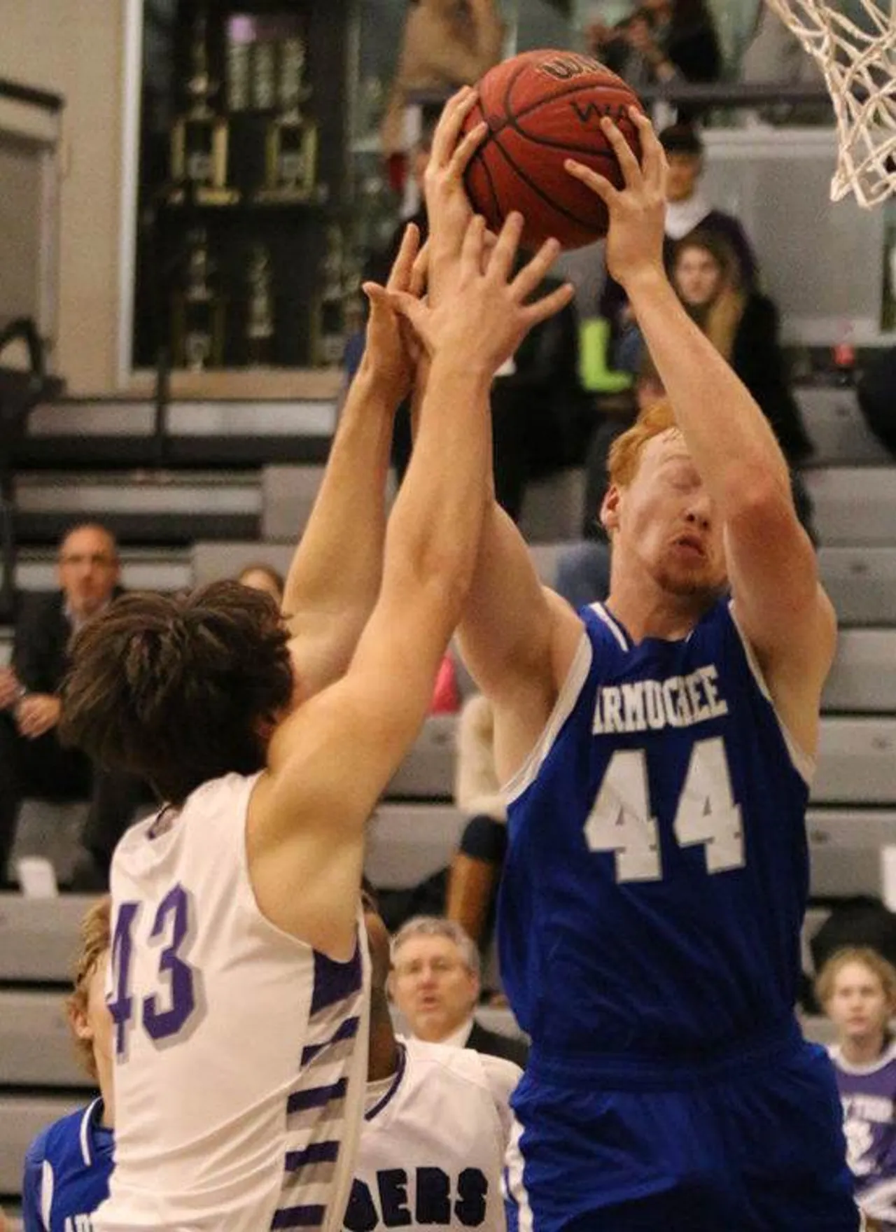Armuchee's Dalton Sharpe (right) and Darlington junior J.T. Mumber go up for a rebound during a game Thursday, Jan. 28, 2016, at Darlington's Huffman Center. (Jeremy Stewart/RN-T.com)