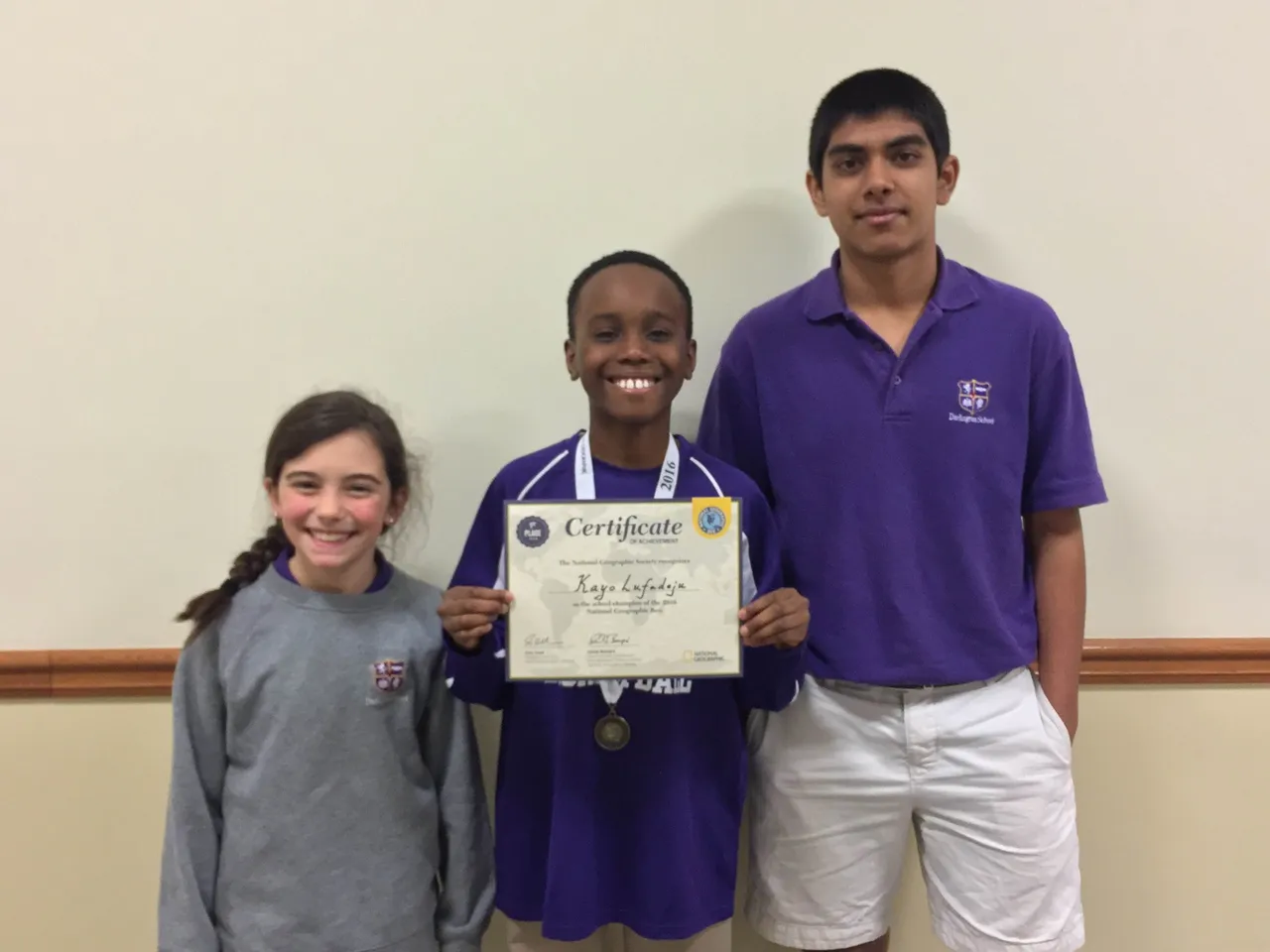 Darlington's GeoBee winners: Kate Scott (5th Grade; 2nd place), Kayo Lufadeju (4th Grade; 1st place), and Rush Patel (8th Grade; 3rd place)