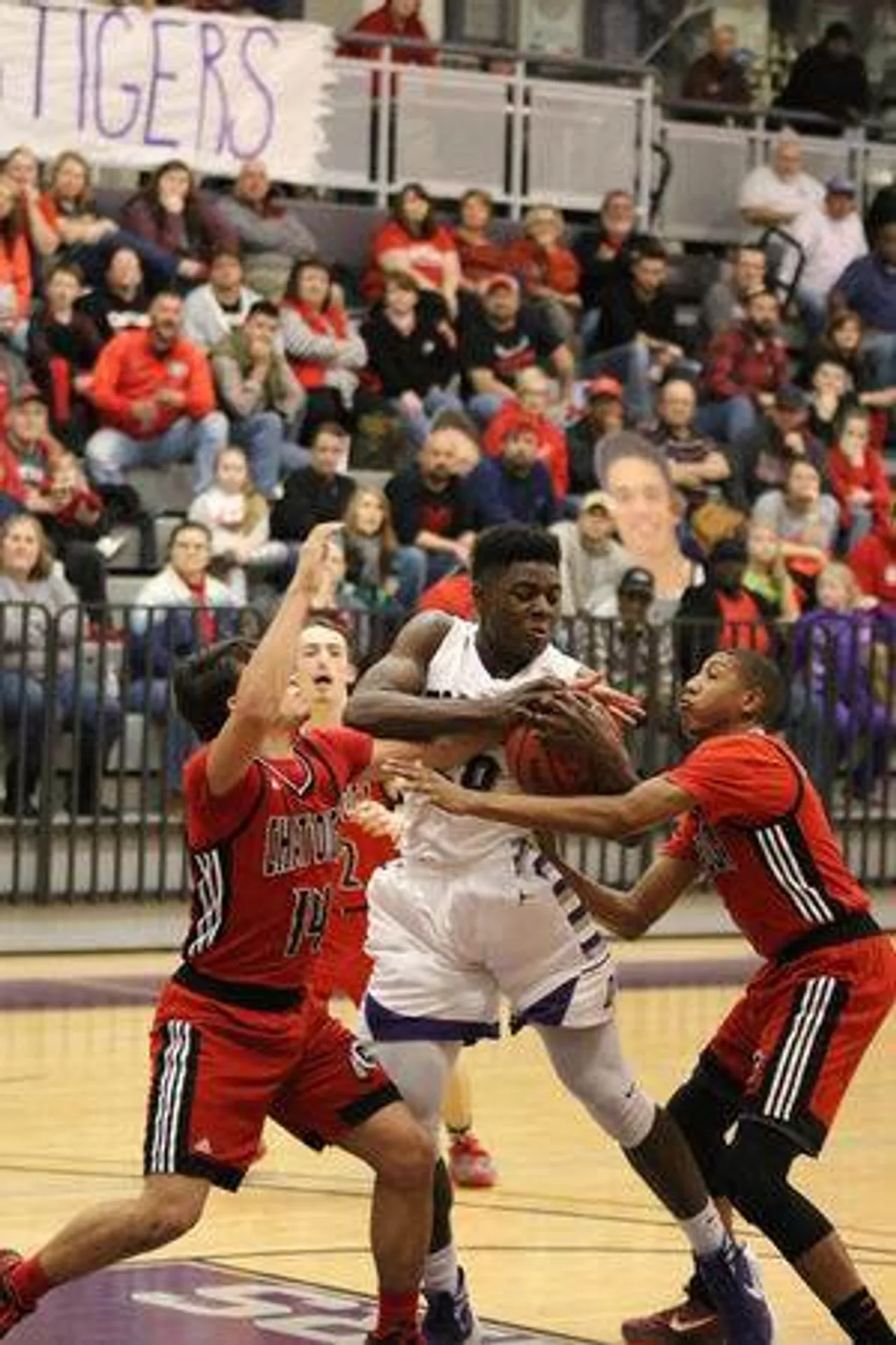 Junior Elijah McKoy (center) tries to keep the ball away from Chattooga's Isaac Foster (left) and Jay Shropshire during a game Friday, Feb. 5, 2016, at Darlington's Huffman Center. (Jeremy Stewart/RN-T.com)