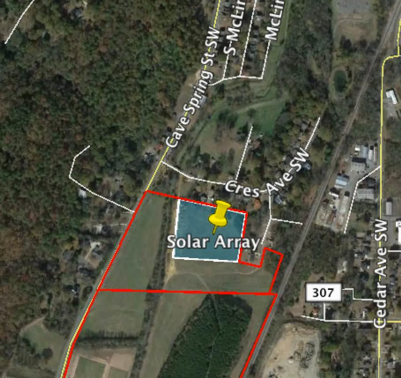 The solar array will be constructed on the north end of the Darlington campus. The main school buildings are located southwest of this satellite image.