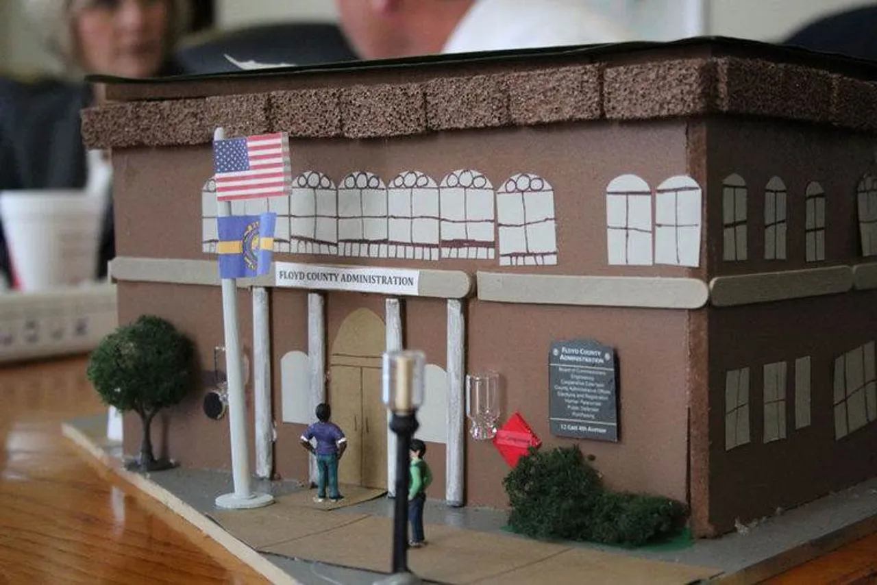 Rising fourth-graders Trenton Moore and Garrett Kizziah built this replica of the Floyd County Administration Building for a school project. They donated it to the county Tuesday, May 24, 2016. (Blake Doss / RN-T)