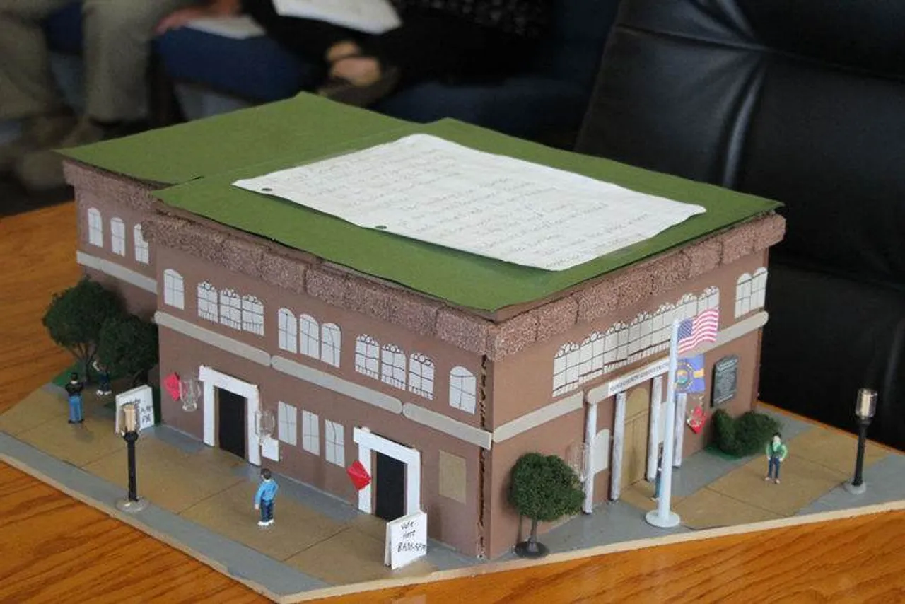 Rising fourth-graders Trenton Moore and Garrett Kizziah built this replica of the Floyd County Administration Building for a school project. They donated it to the county Tuesday, May 24, 2016. (Blake Doss / RN-T)