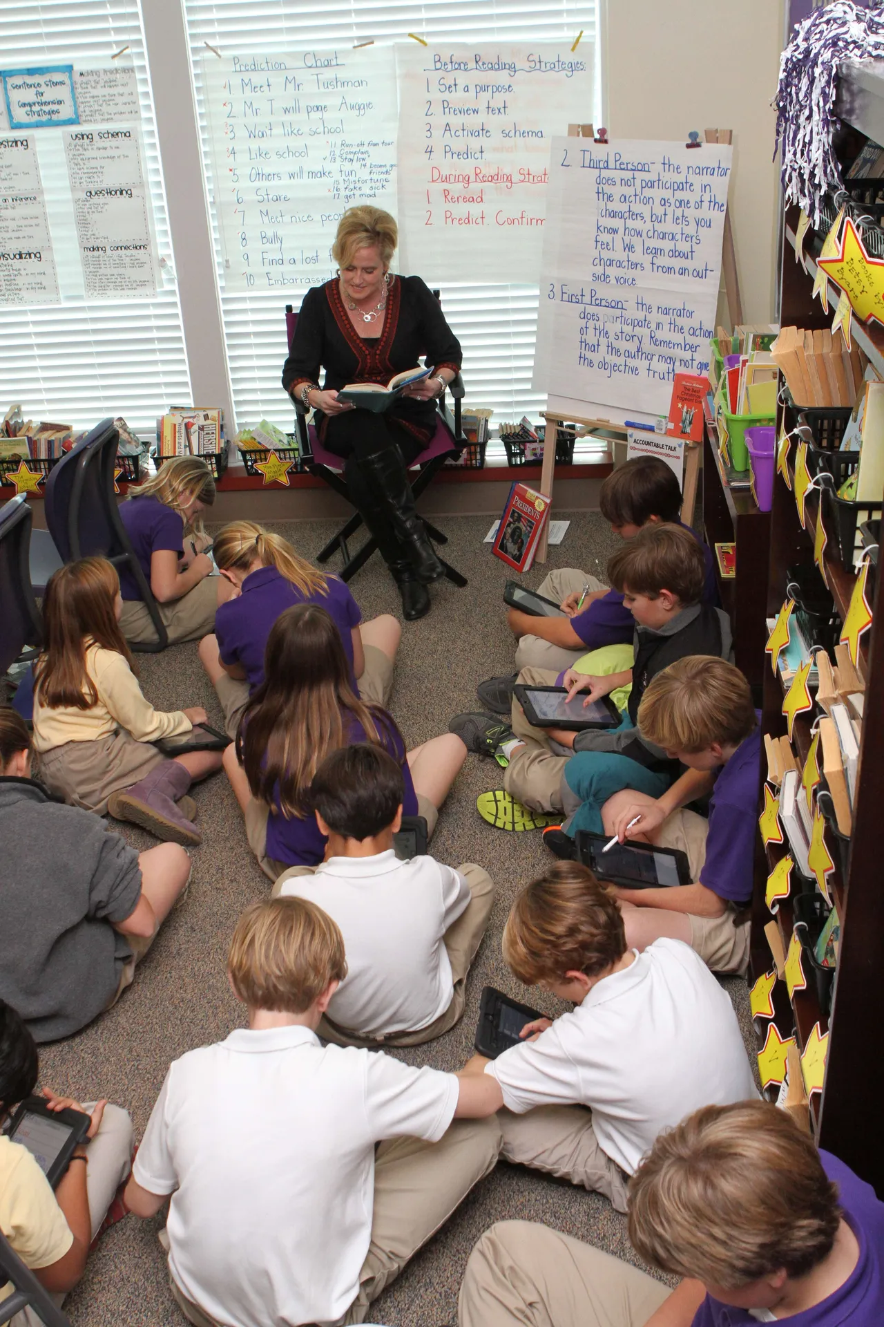 While fifth-grade humanities teacher Laura Hicks reads during a reading workshop lesson, students use their iPads to analyze how character perspective is expressed in the story. This process has led to students being more focused and encourages collaboration, which helps them process connections better. This type of self-directed critical thinking through collaboration is a complex and important skill for the current generation of students to have. Having technology like iPads always available allows for skills to be reinforced through daily integration into any lesson.