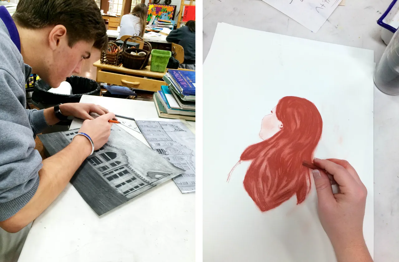 Hunter and his classmates worked on charcoal reductions in art class. Since they were finishing this multi-day project, I did a conte-crayon drawing, instead.