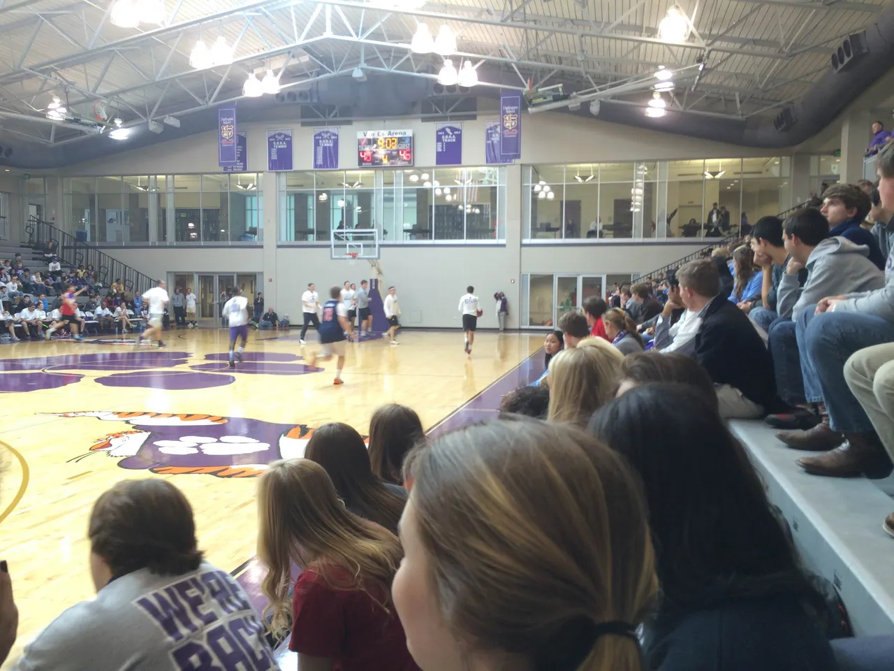 Some of my sophomore friends and I had a great view at the faculty-student basketball game during the pep rally!