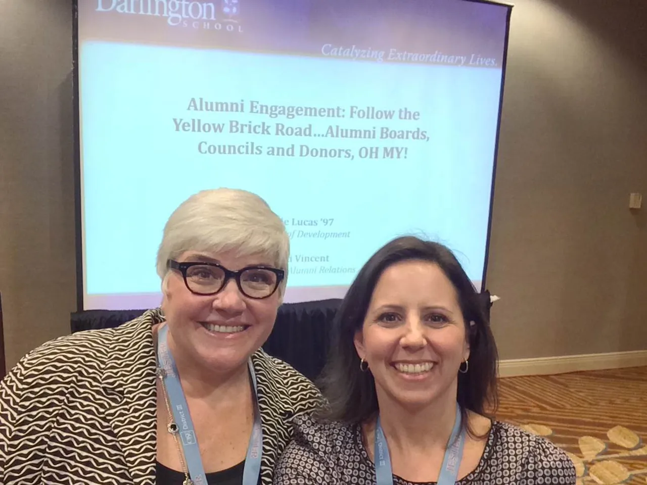 Director of Alumni Relations Vicki Vincent and Director of Development Julie (Wilson) Lucas ('97) prepare to present on alumni engagement at the CASE District III conference.
