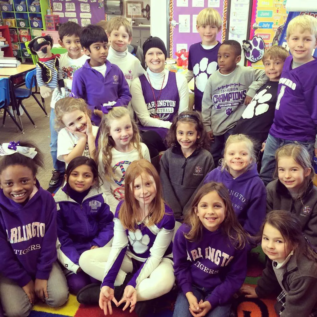 Laura Hicks visits with the Harrison Heroes in first grade.