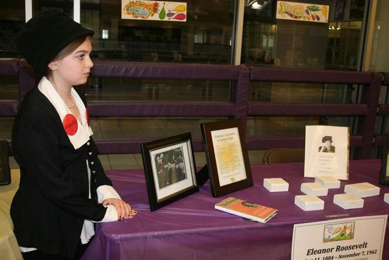 Eleanor Roosevelt as portrayed by Jennifer Hughes at Darlington's Wax Museum. This year's theme is "Oh, the Places You'll Go!" Third-graders dressed as famous statues around the United States. (Photo credit: Kristina Wilder / RN-T.com)