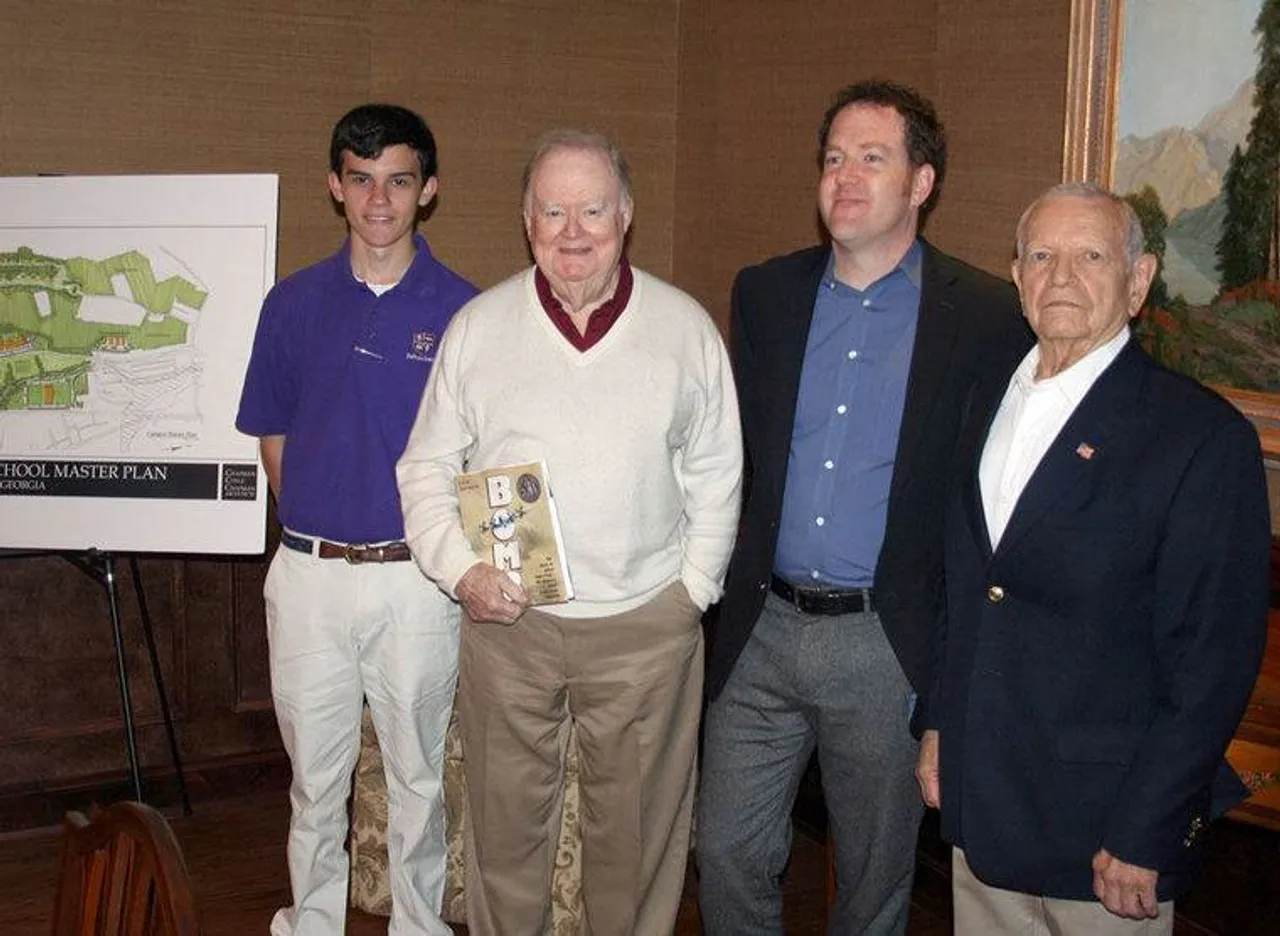 Daniel Morris ('16), Frank Barron ('48), author Steve Sheinkin and Buddy Andrews ('51) after a breakfast on the Darlington campus Monday. Sheinkin spoke to students about his book "Bomb: The Race to Build — and Steal — the World's Most Dangerous Weapon." Andrews was aboard a ship carrying a nuclear bomb to Japan for potential use in Korea in 1953 while Barron was aboard a destroyer that was escorting the bomb from Guam to Japan. (Photo credit: Doug Walker, RN-T)