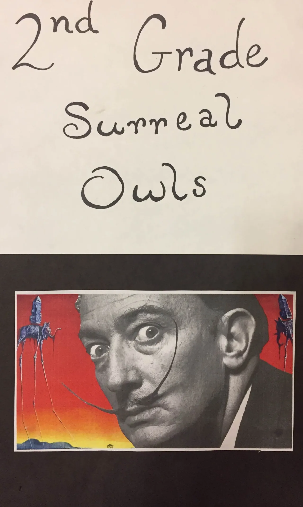 Second-graders drew long legged owls with oil pastel and tempera paint resist.