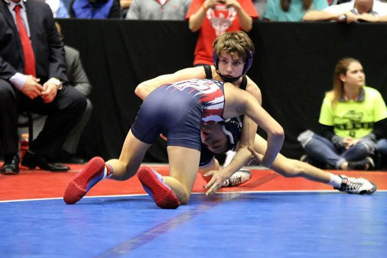 Darllington's Dalton Blankenship (top) wrestles Karlos Nadal of Mt. Pisgah in the Class A 113-pound state championship match Saturday, Feb. 11, 2017. Blankenship won with a 7-4 decision. (Jeremy Stewart/RN-T.com)