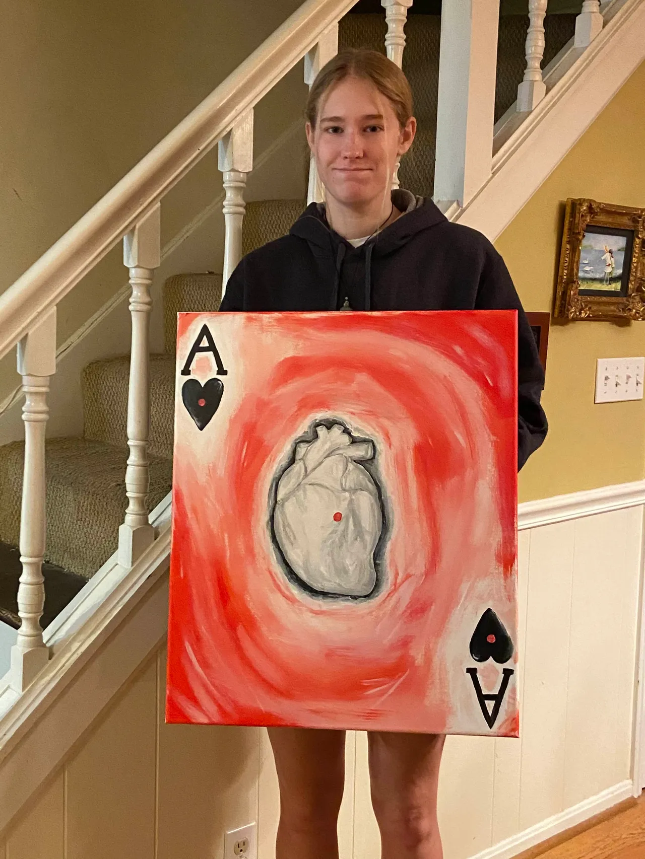 "I decided on the plan for this painting while playing cards with my mom, and I thought this would be a fun way to emphasize heart health with a regular object like a deck of cards." -Sarah Tunnell