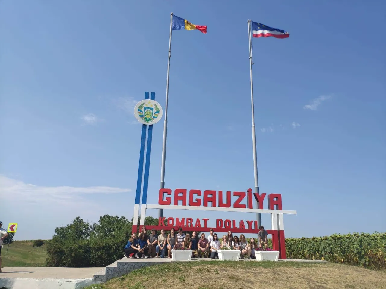 The border of the Turkish decent autonomous state Gagauziya. Both the flags of Moldova and the state are flying above.
