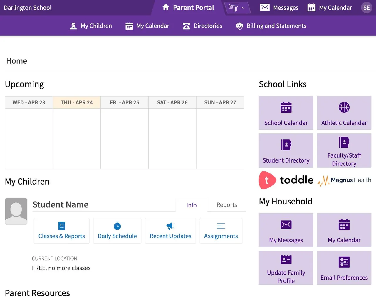 A general concept of what the future Parent Portal will look like in Veracross.